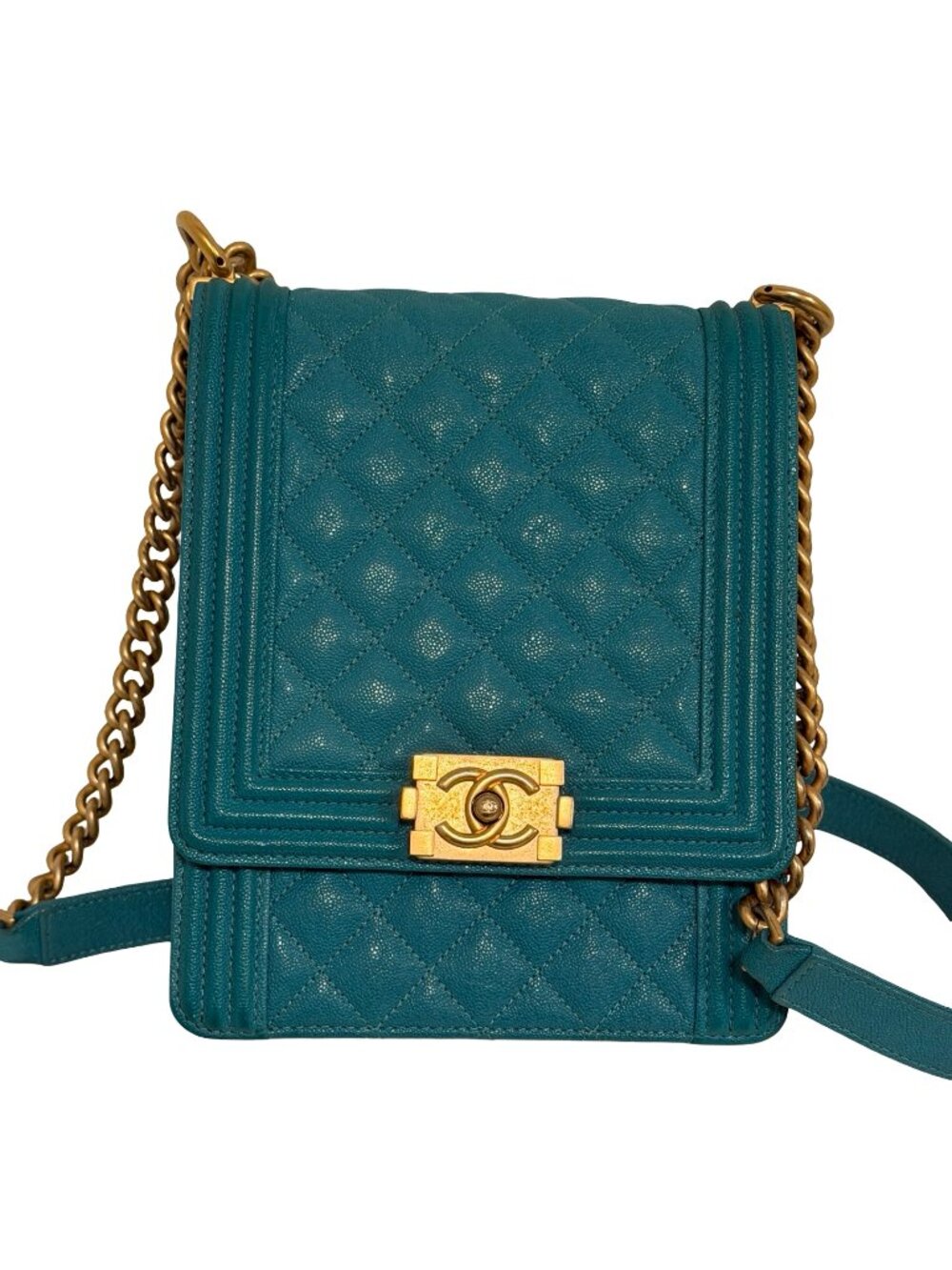 Chanel North South Boy Flap Bag Turquoise Caviar Aged Gold Hardware